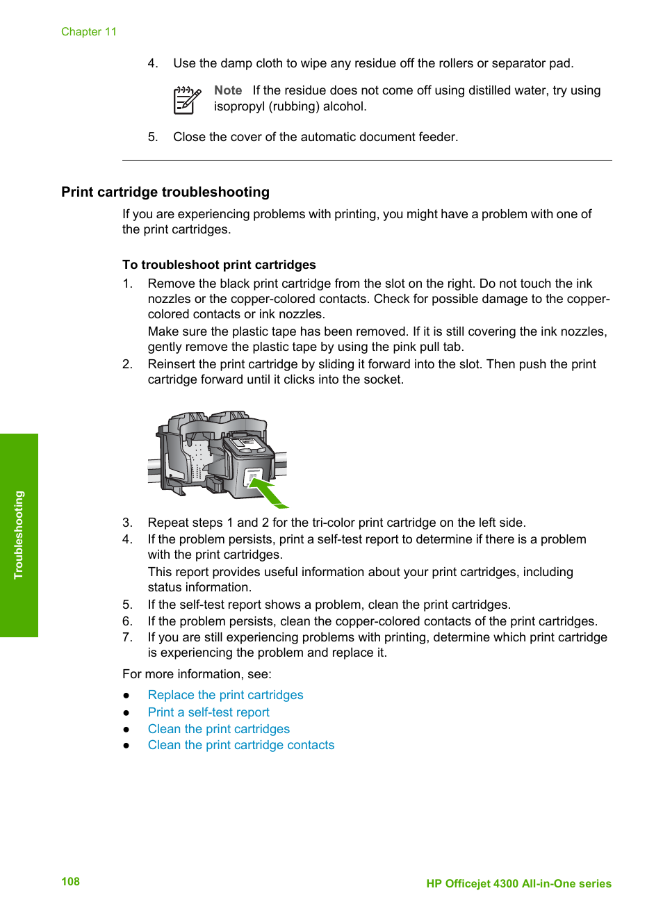 Print cartridge troubleshooting | HP Officejet 4314 All-in-One Printer User Manual | Page 111 / 133