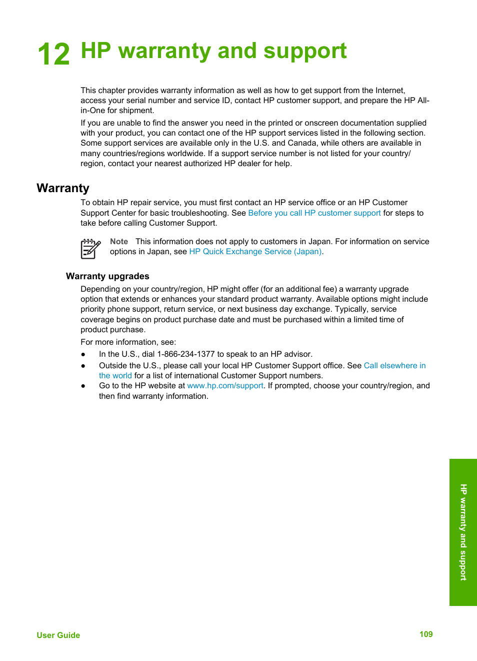 Hp warranty and support, Warranty, Warranty upgrades | 12 hp warranty and support | HP Officejet 4314 All-in-One Printer User Manual | Page 112 / 133