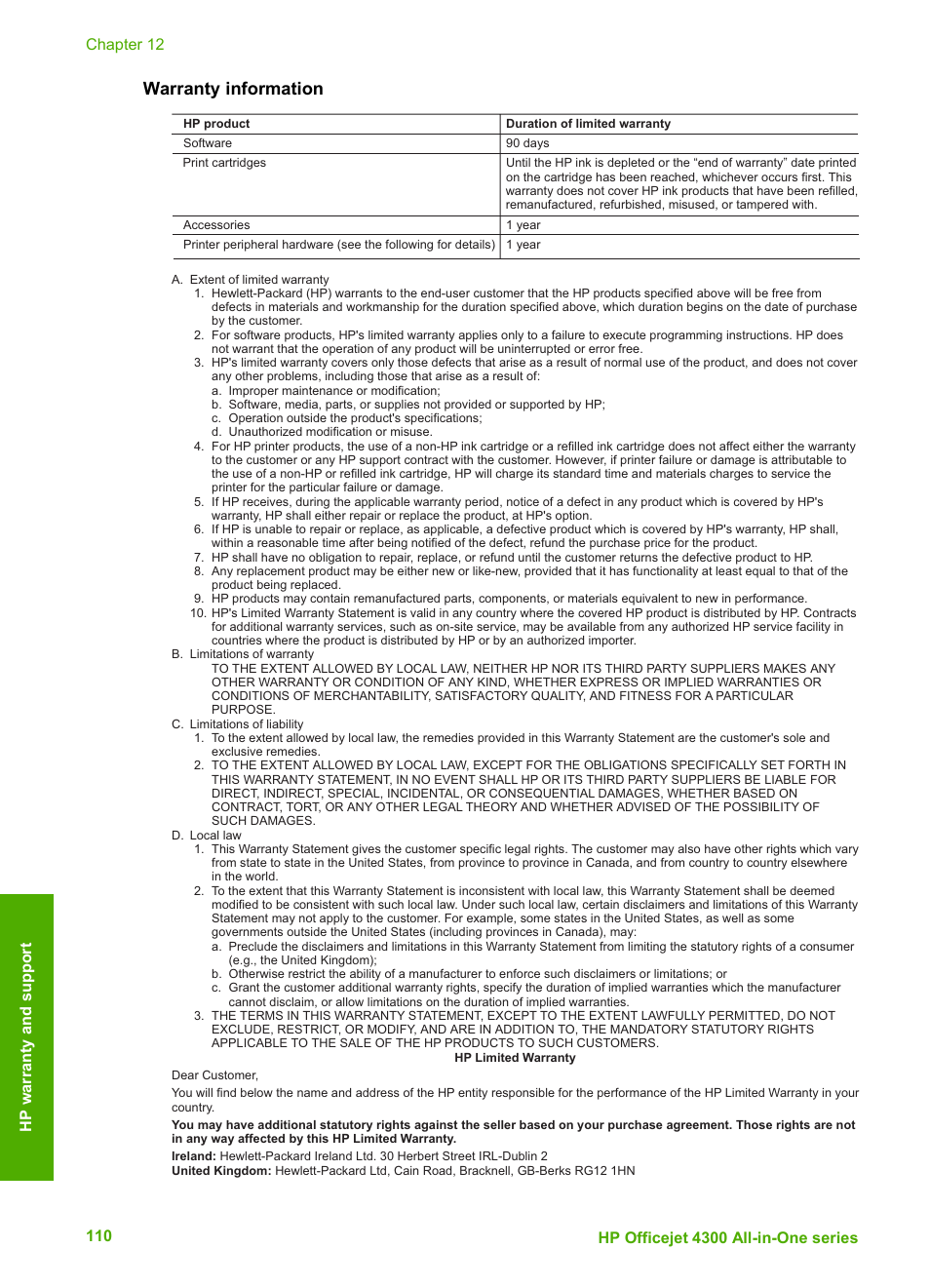 Warranty information | HP Officejet 4314 All-in-One Printer User Manual | Page 113 / 133
