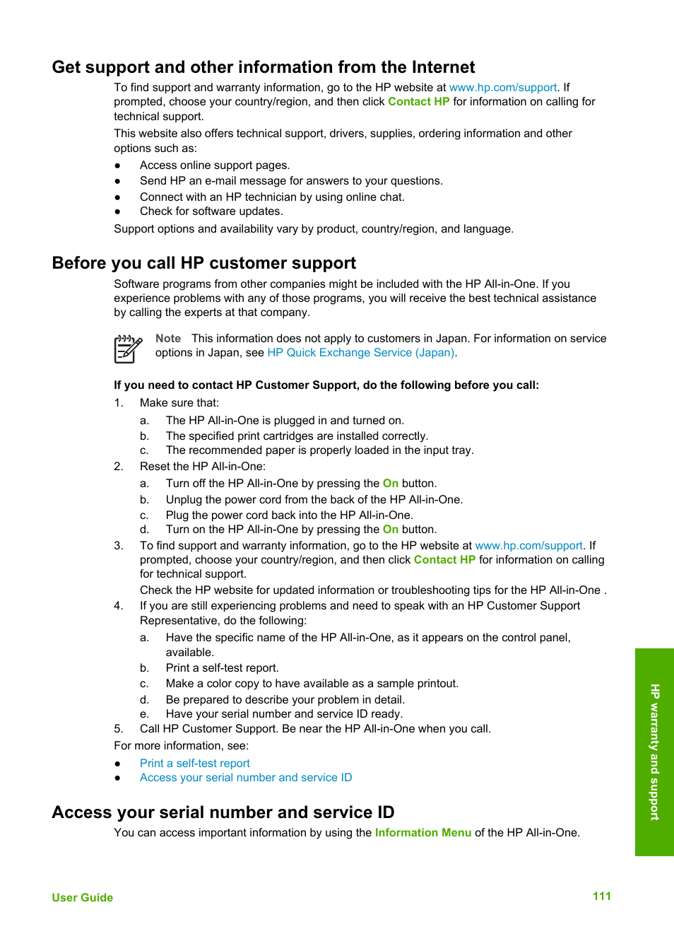 Before you call hp customer support, Access your serial number and service id | HP Officejet 4314 All-in-One Printer User Manual | Page 114 / 133