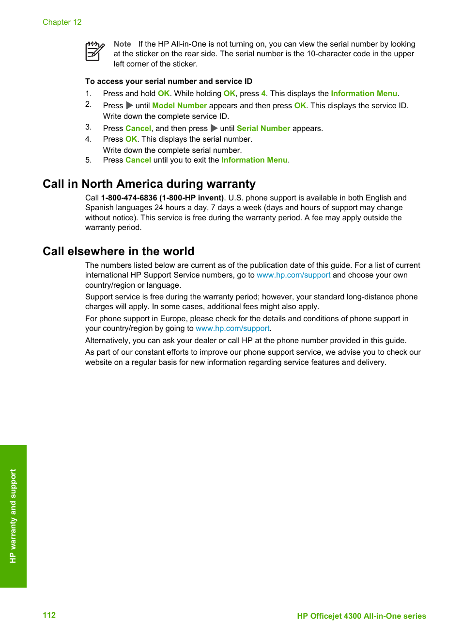 Call in north america during warranty, Call elsewhere in the world, Call elsewhere in | The world | HP Officejet 4314 All-in-One Printer User Manual | Page 115 / 133