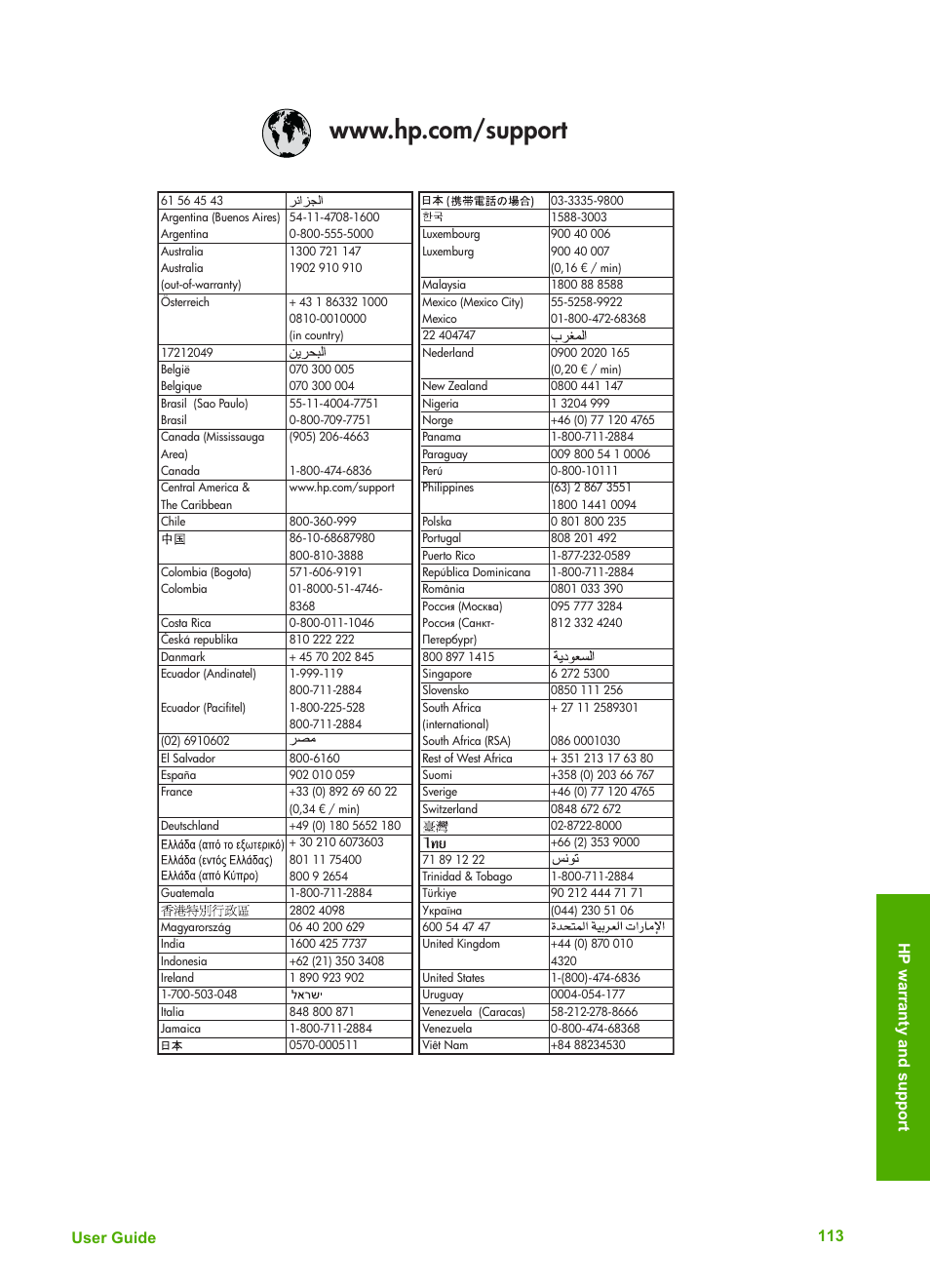 User guide 113 hp w arranty and support | HP Officejet 4314 All-in-One Printer User Manual | Page 116 / 133