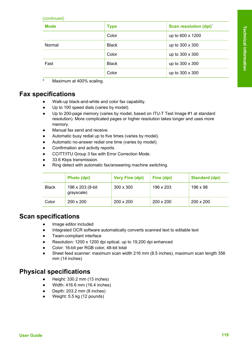 Fax specifications, Scan specifications, Physical specifications | HP Officejet 4314 All-in-One Printer User Manual | Page 122 / 133