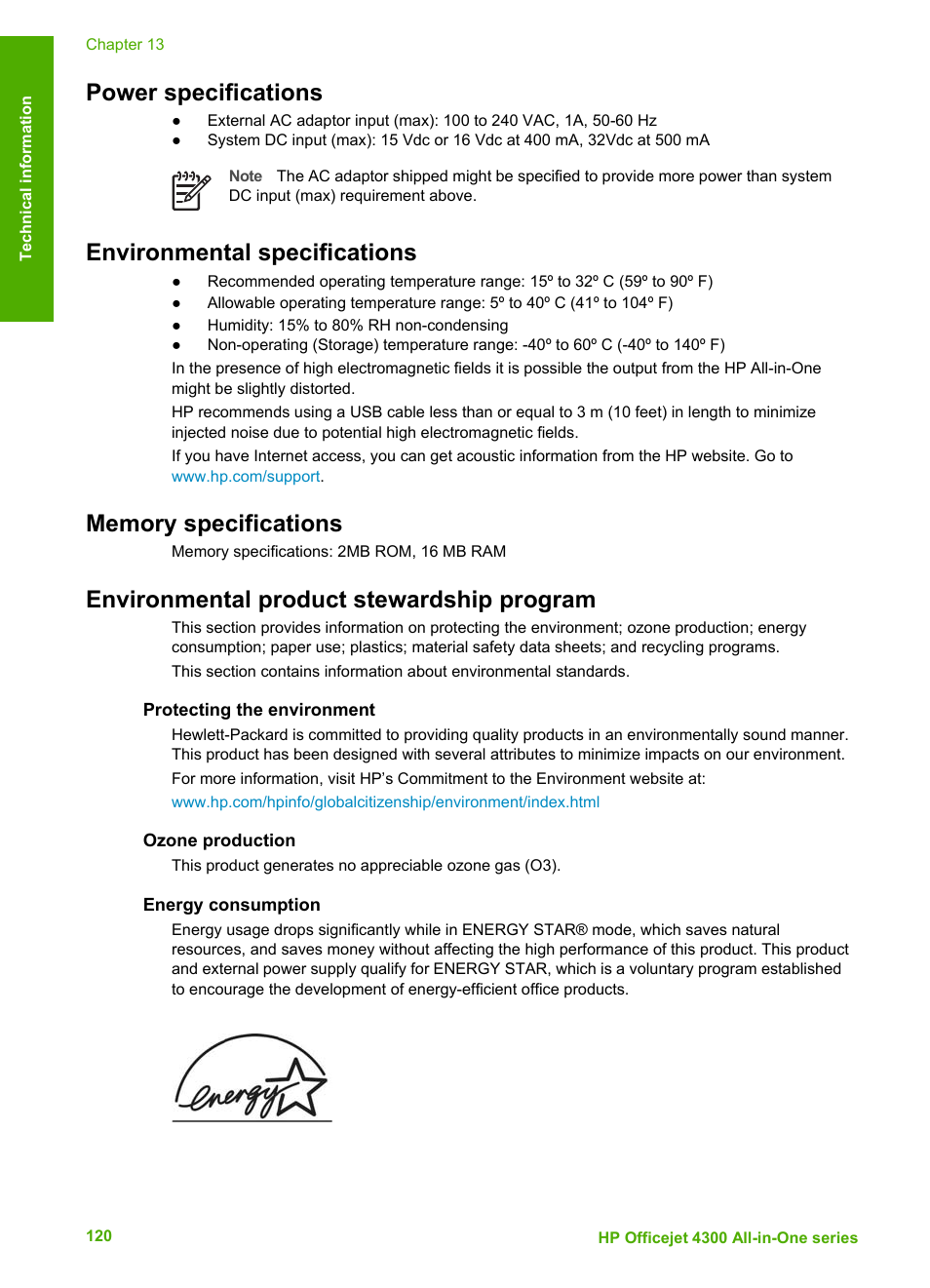 Power specifications, Environmental specifications, Memory specifications | Environmental product stewardship program, Protecting the environment, Ozone production, Energy consumption | HP Officejet 4314 All-in-One Printer User Manual | Page 123 / 133