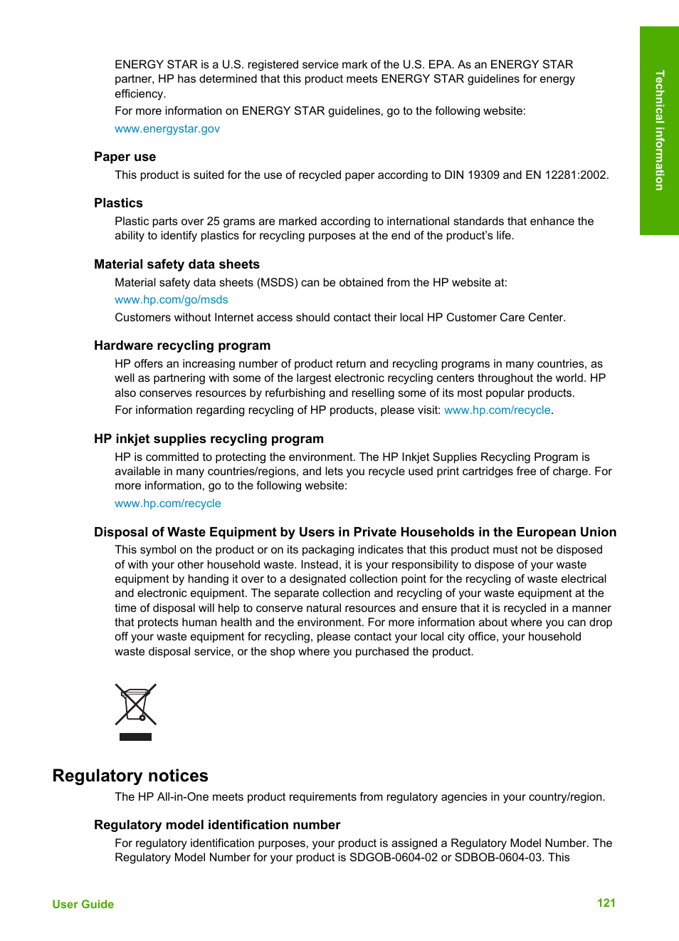 Paper use, Plastics, Material safety data sheets | Hardware recycling program, Hp inkjet supplies recycling program, Regulatory notices, Regulatory model identification number | HP Officejet 4314 All-in-One Printer User Manual | Page 124 / 133