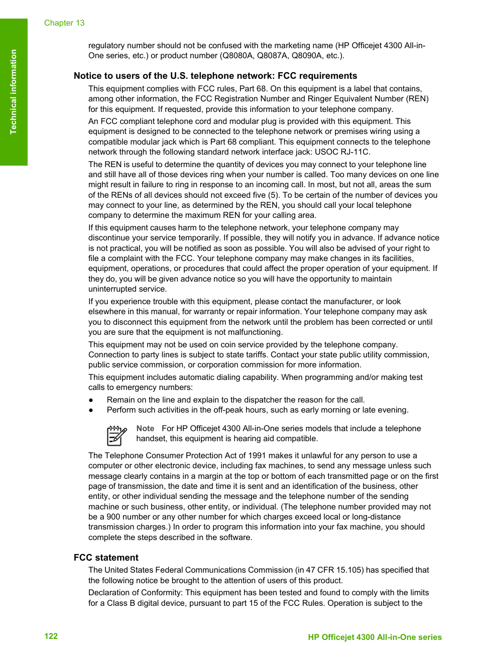 Fcc statement | HP Officejet 4314 All-in-One Printer User Manual | Page 125 / 133