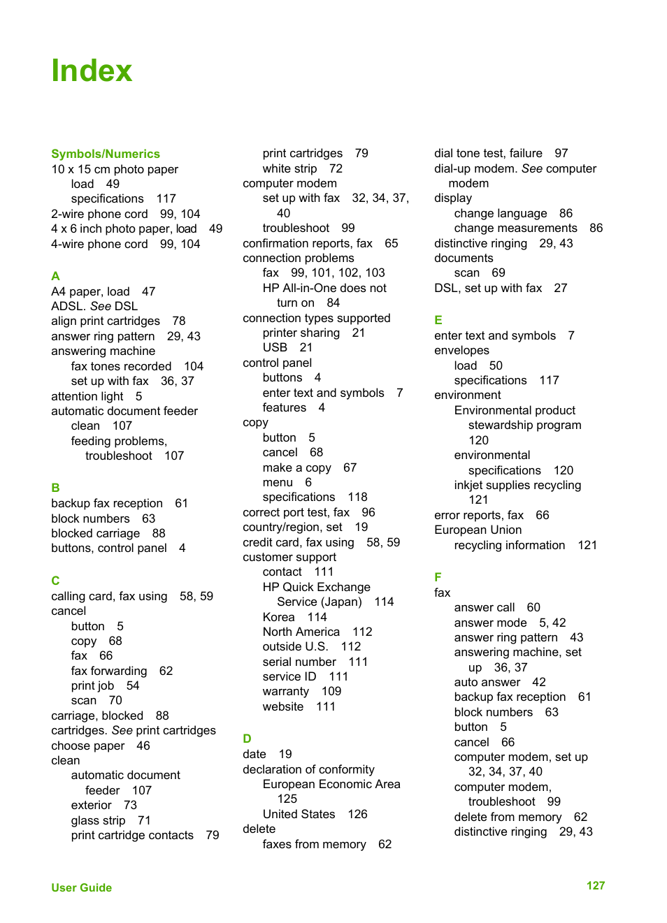 Index | HP Officejet 4314 All-in-One Printer User Manual | Page 130 / 133