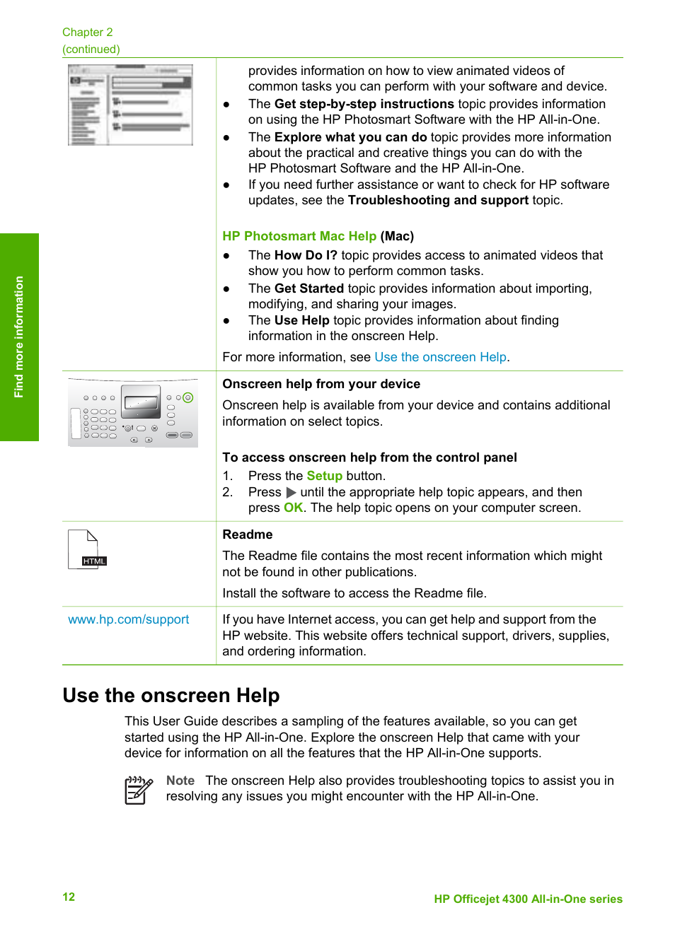 Use the onscreen help | HP Officejet 4314 All-in-One Printer User Manual | Page 15 / 133