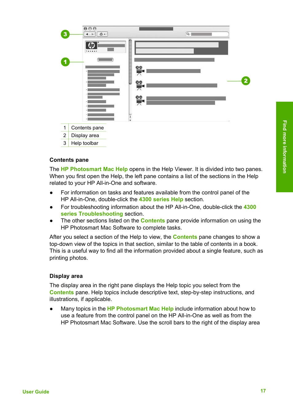 Contents pane, Display area | HP Officejet 4314 All-in-One Printer User Manual | Page 20 / 133