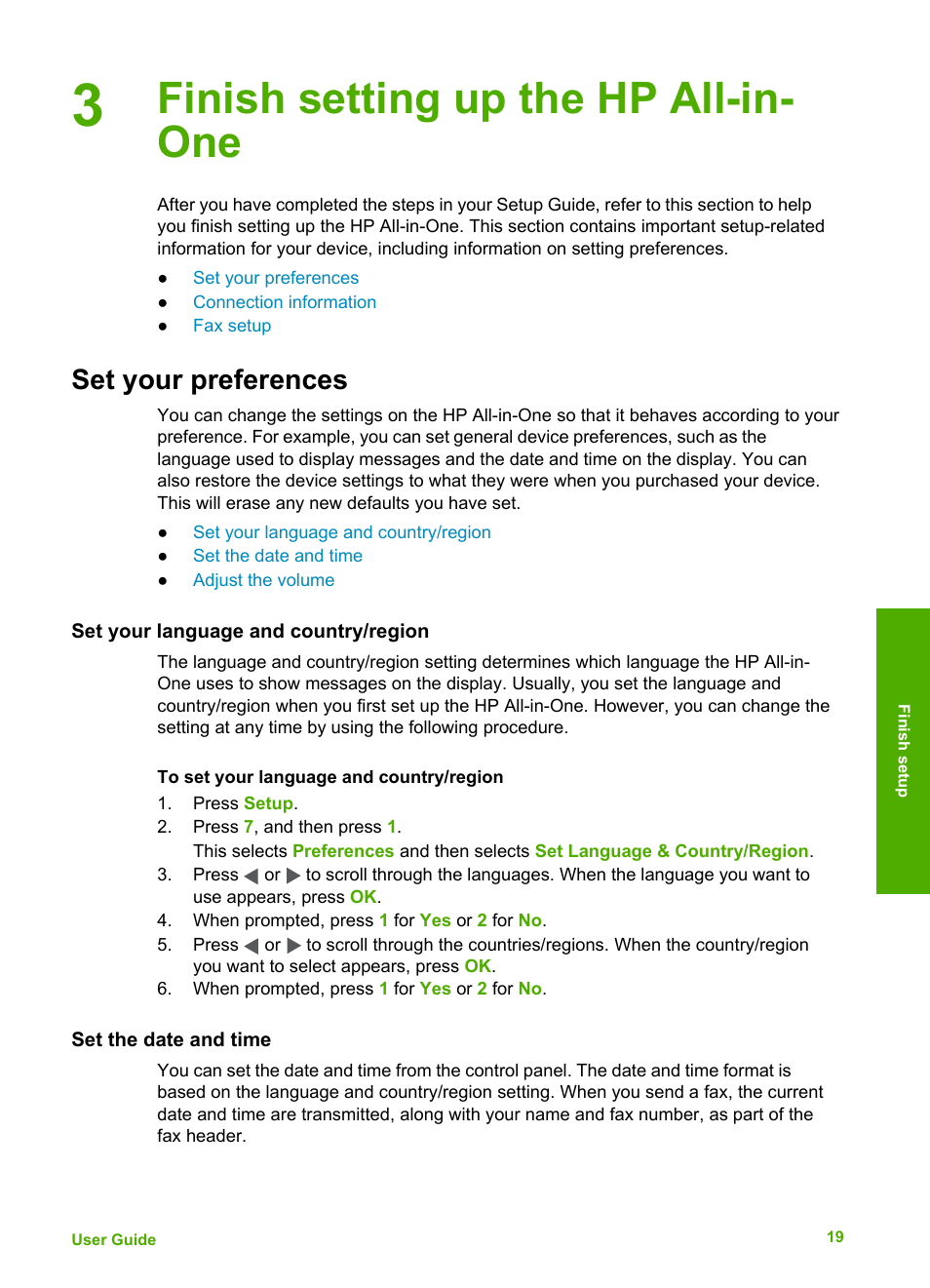 Finish setting up the hp all-in-one, Set your preferences, Set your language and country/region | Set the date and time, Finish setting up the hp all-in- one | HP Officejet 4314 All-in-One Printer User Manual | Page 22 / 133
