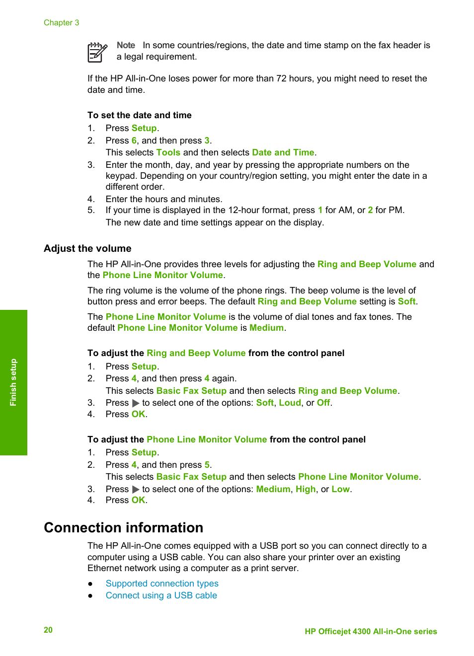 Adjust the volume, Connection information | HP Officejet 4314 All-in-One Printer User Manual | Page 23 / 133
