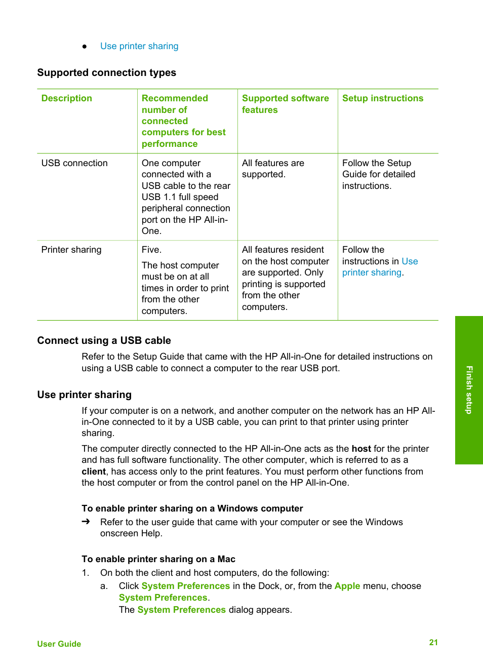 Supported connection types, Connect using a usb cable, Use printer sharing | HP Officejet 4314 All-in-One Printer User Manual | Page 24 / 133