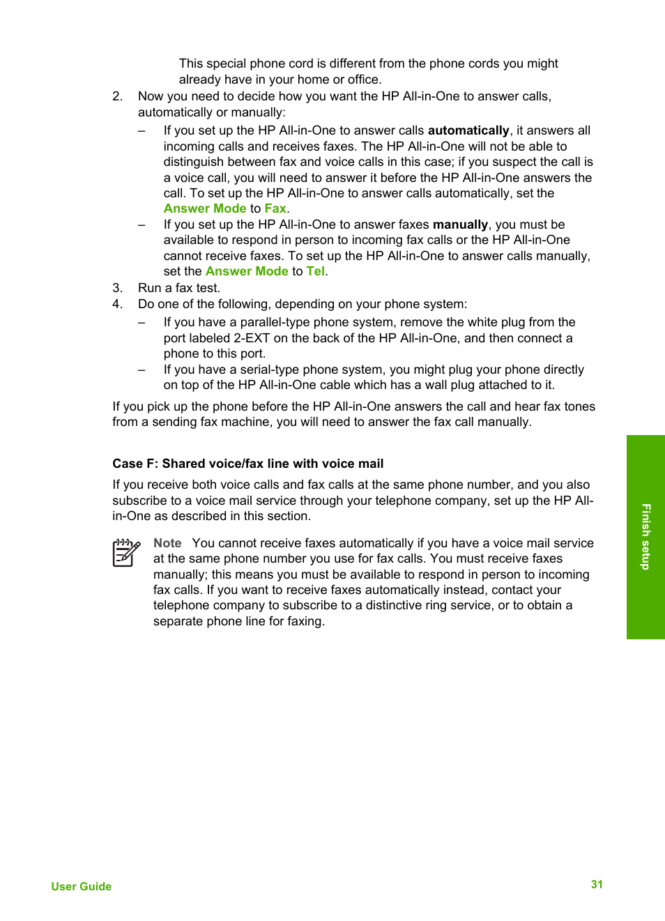 Case f: shared voice/fax line with voice mail | HP Officejet 4314 All-in-One Printer User Manual | Page 34 / 133