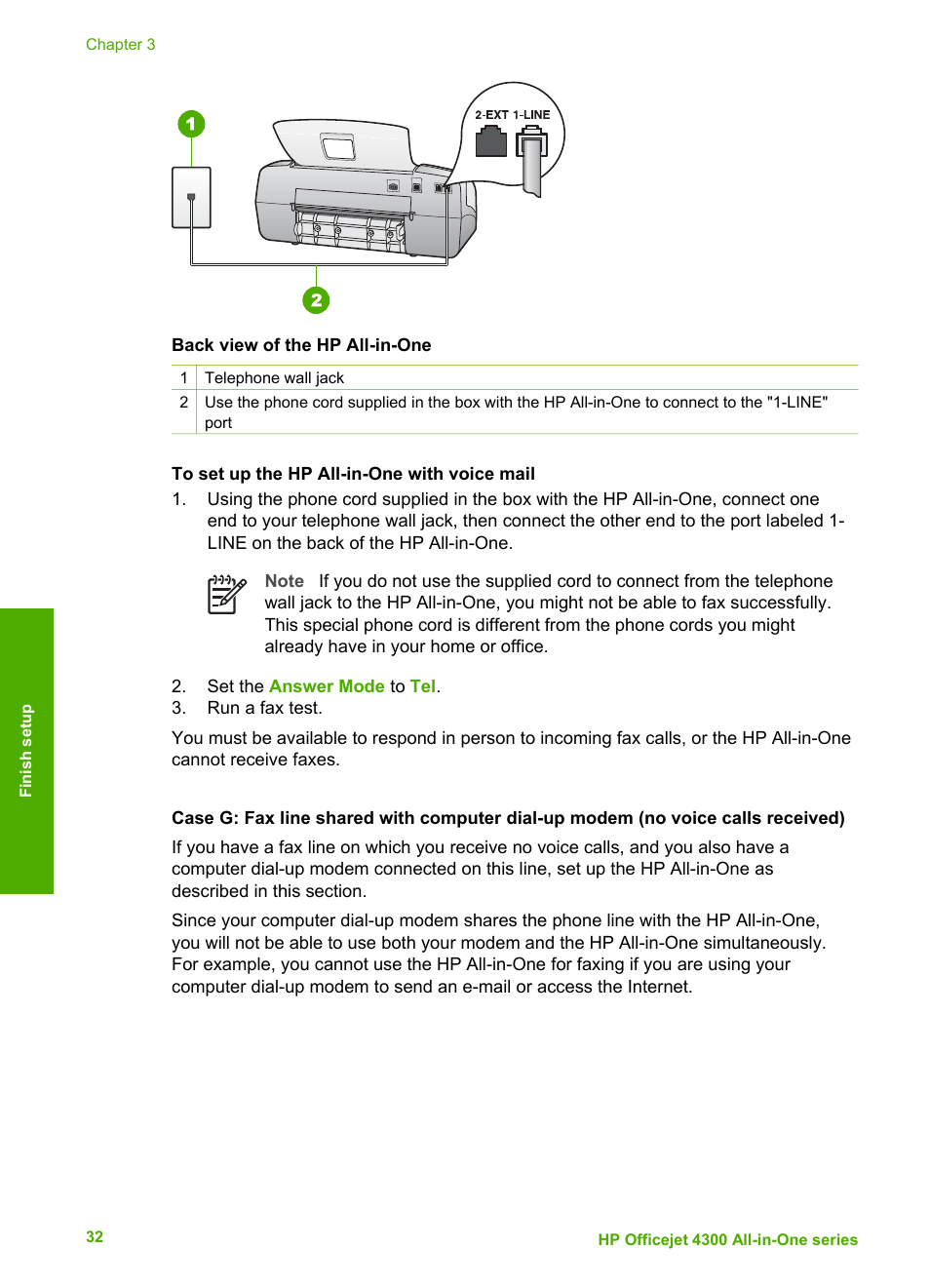 Case g: fax line shared with computer dial-up, Modem (no voice calls received) | HP Officejet 4314 All-in-One Printer User Manual | Page 35 / 133