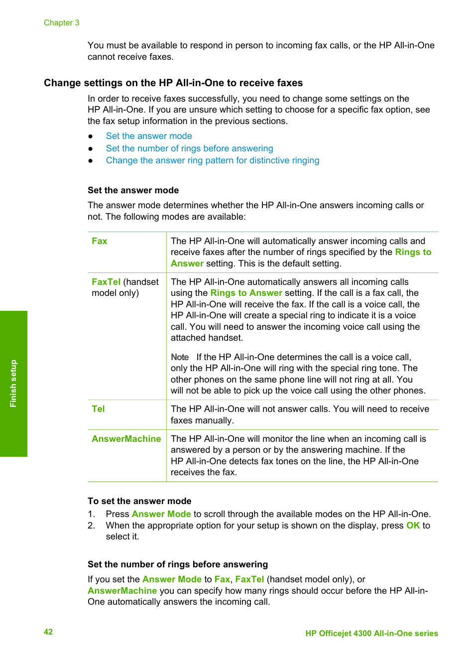 Set the answer mode, Set the number of rings before answering | HP Officejet 4314 All-in-One Printer User Manual | Page 45 / 133