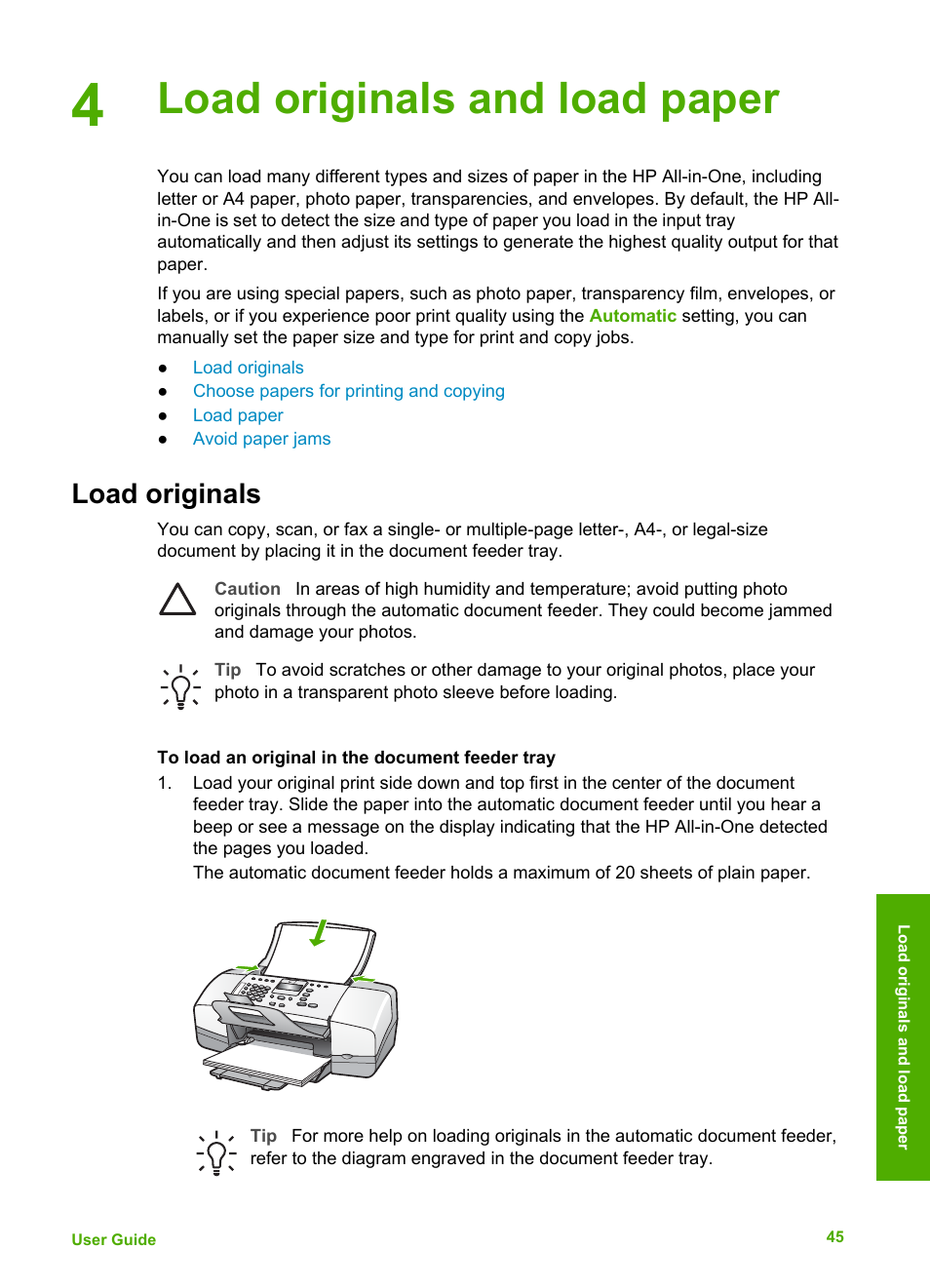 Load originals and load paper, Load originals | HP Officejet 4314 All-in-One Printer User Manual | Page 48 / 133