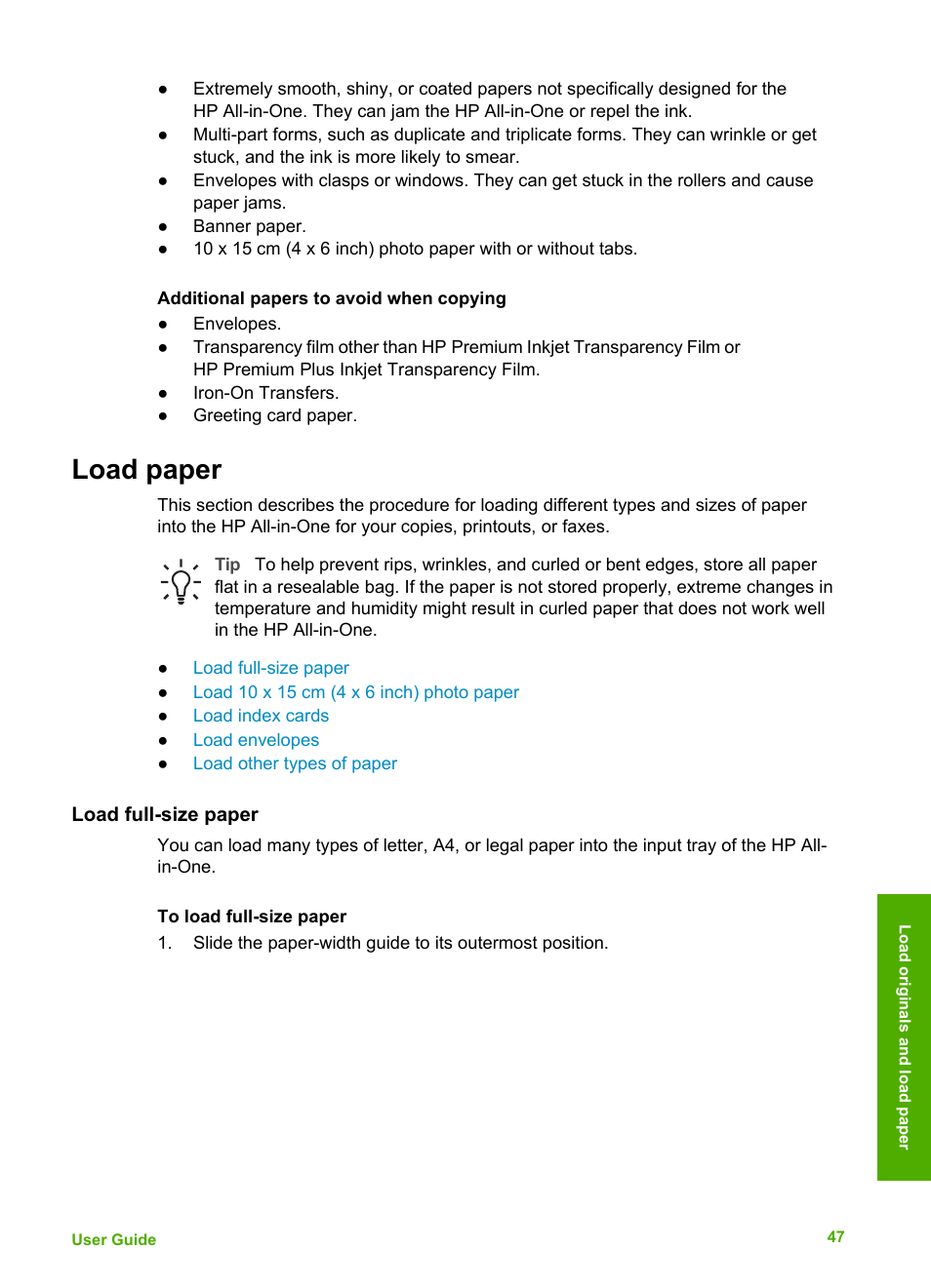 Load paper, Load full-size paper | HP Officejet 4314 All-in-One Printer User Manual | Page 50 / 133