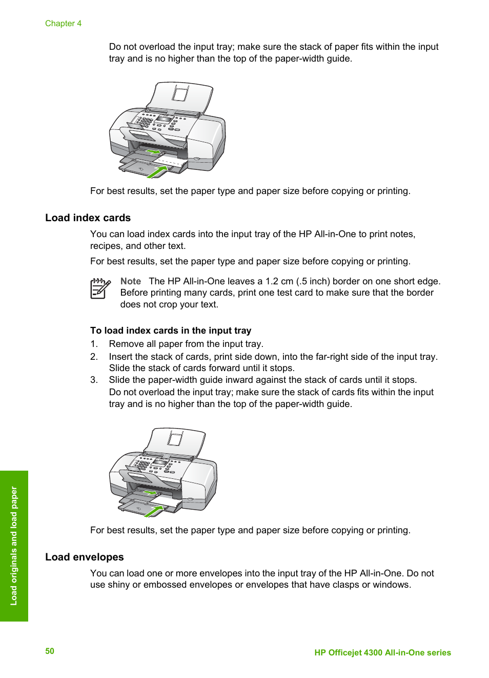 Load index cards, Load envelopes | HP Officejet 4314 All-in-One Printer User Manual | Page 53 / 133
