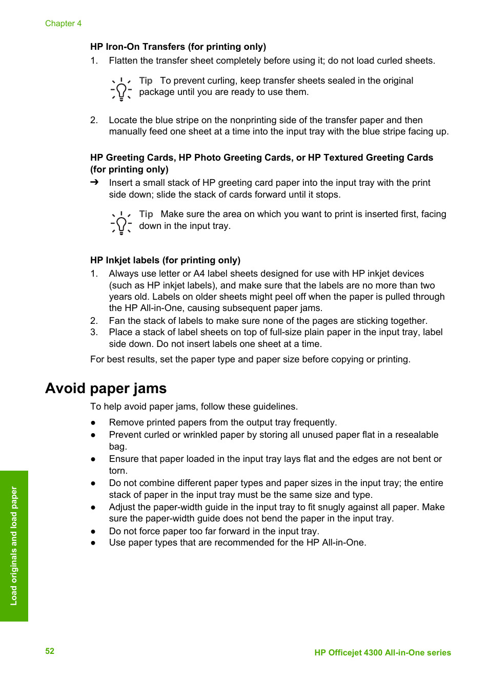 Avoid paper jams | HP Officejet 4314 All-in-One Printer User Manual | Page 55 / 133