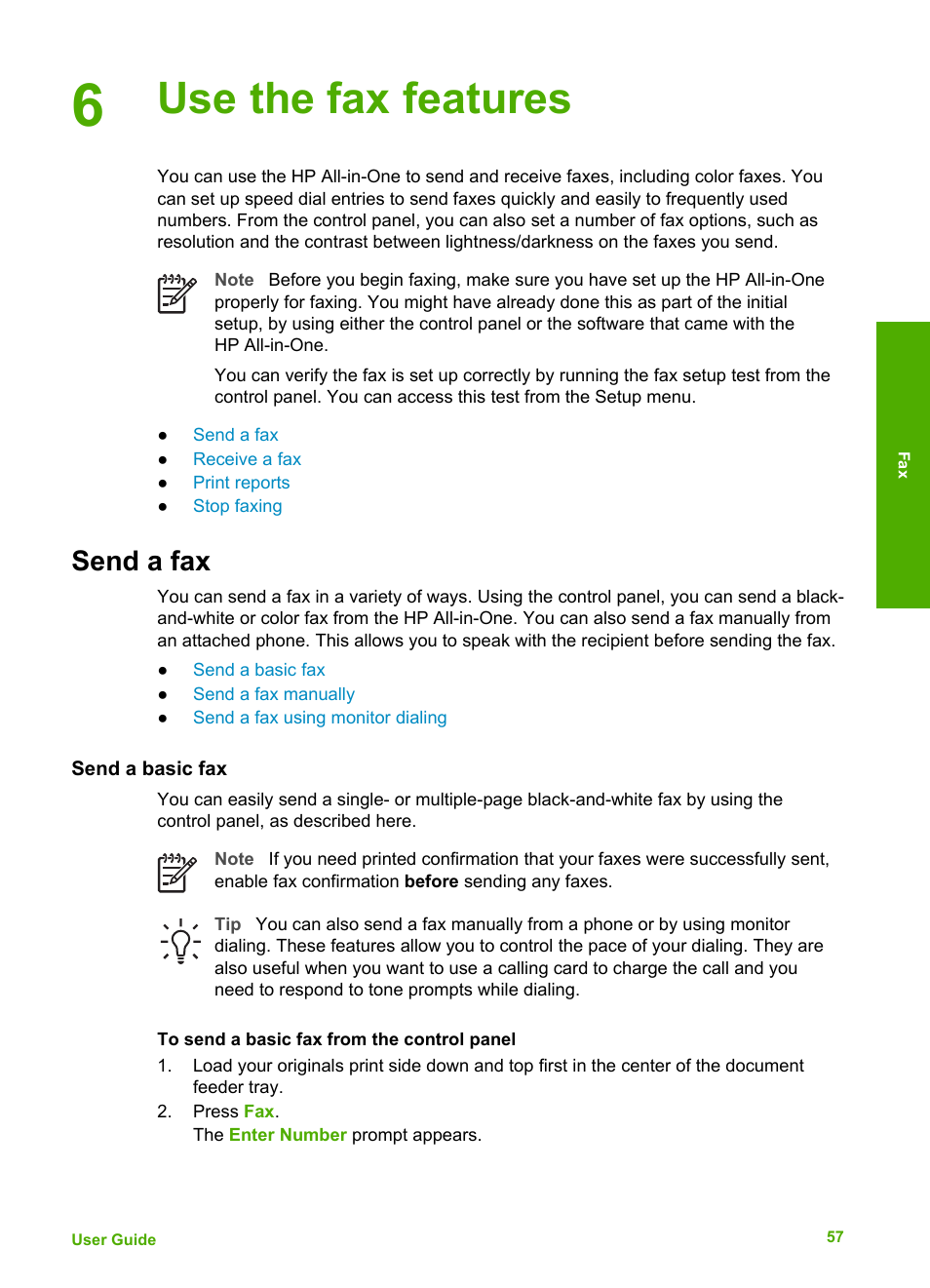 Use the fax features, Send a fax, Send a basic fax | HP Officejet 4314 All-in-One Printer User Manual | Page 60 / 133