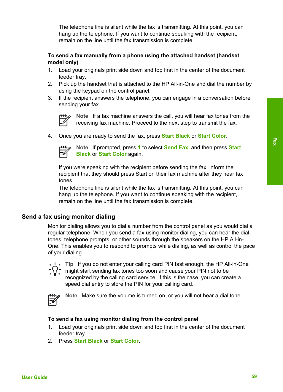 Send a fax using monitor dialing | HP Officejet 4314 All-in-One Printer User Manual | Page 62 / 133