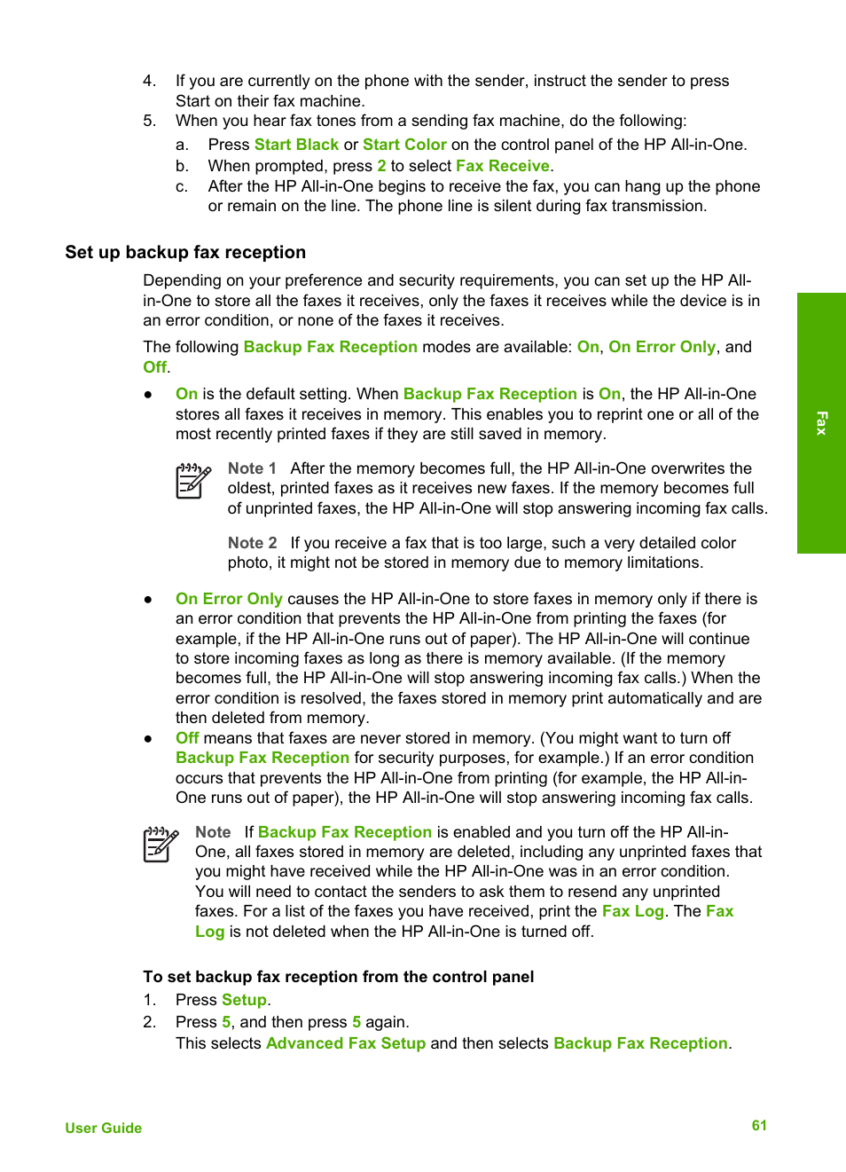 Set up backup fax reception | HP Officejet 4314 All-in-One Printer User Manual | Page 64 / 133