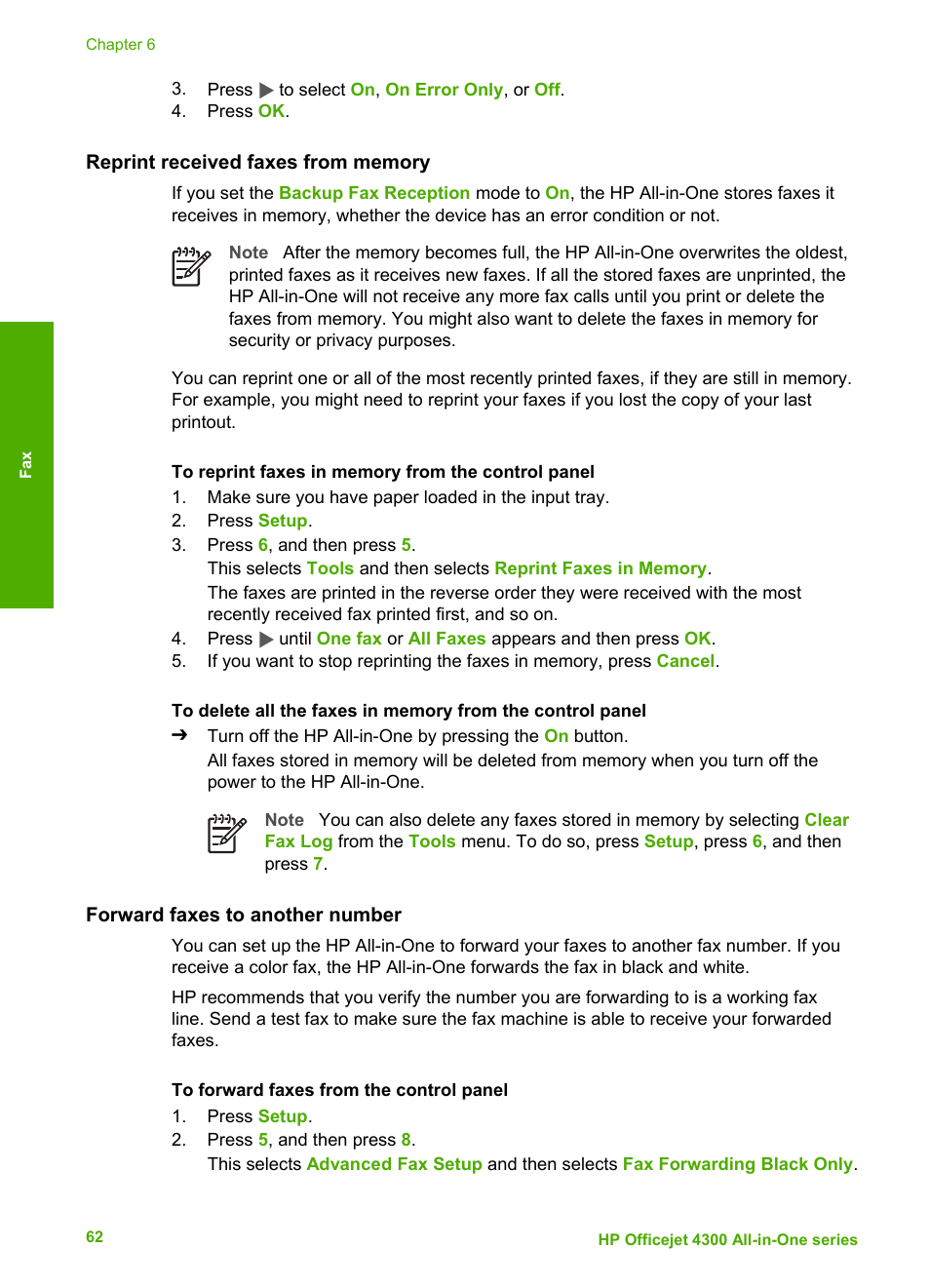 Reprint received faxes from memory, Forward faxes to another number | HP Officejet 4314 All-in-One Printer User Manual | Page 65 / 133