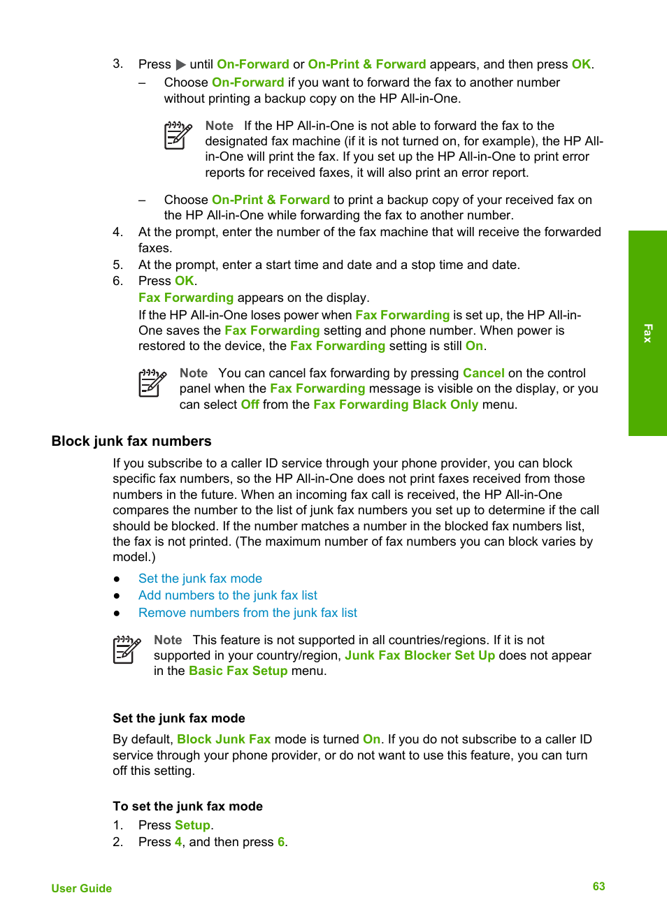 Block junk fax numbers, Set the junk fax mode | HP Officejet 4314 All-in-One Printer User Manual | Page 66 / 133