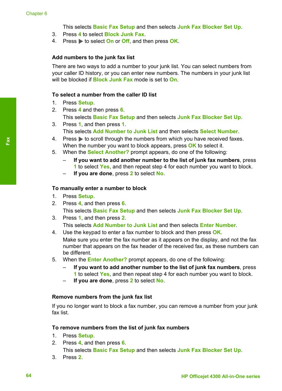 Add numbers to the junk fax list, Remove numbers from the junk fax list | HP Officejet 4314 All-in-One Printer User Manual | Page 67 / 133