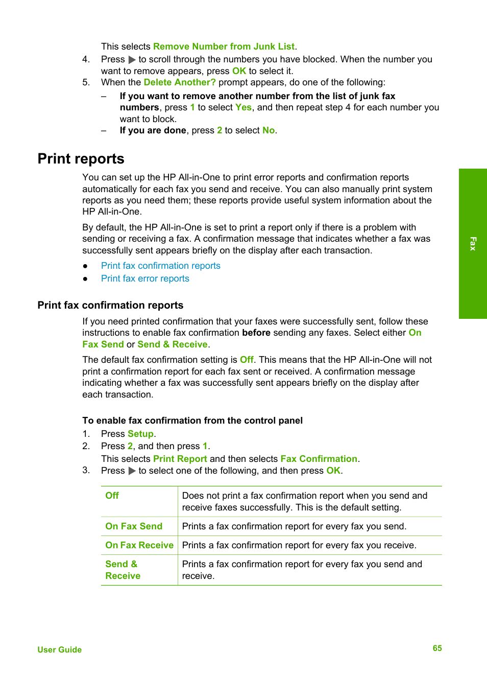 Print reports, Print fax confirmation reports | HP Officejet 4314 All-in-One Printer User Manual | Page 68 / 133