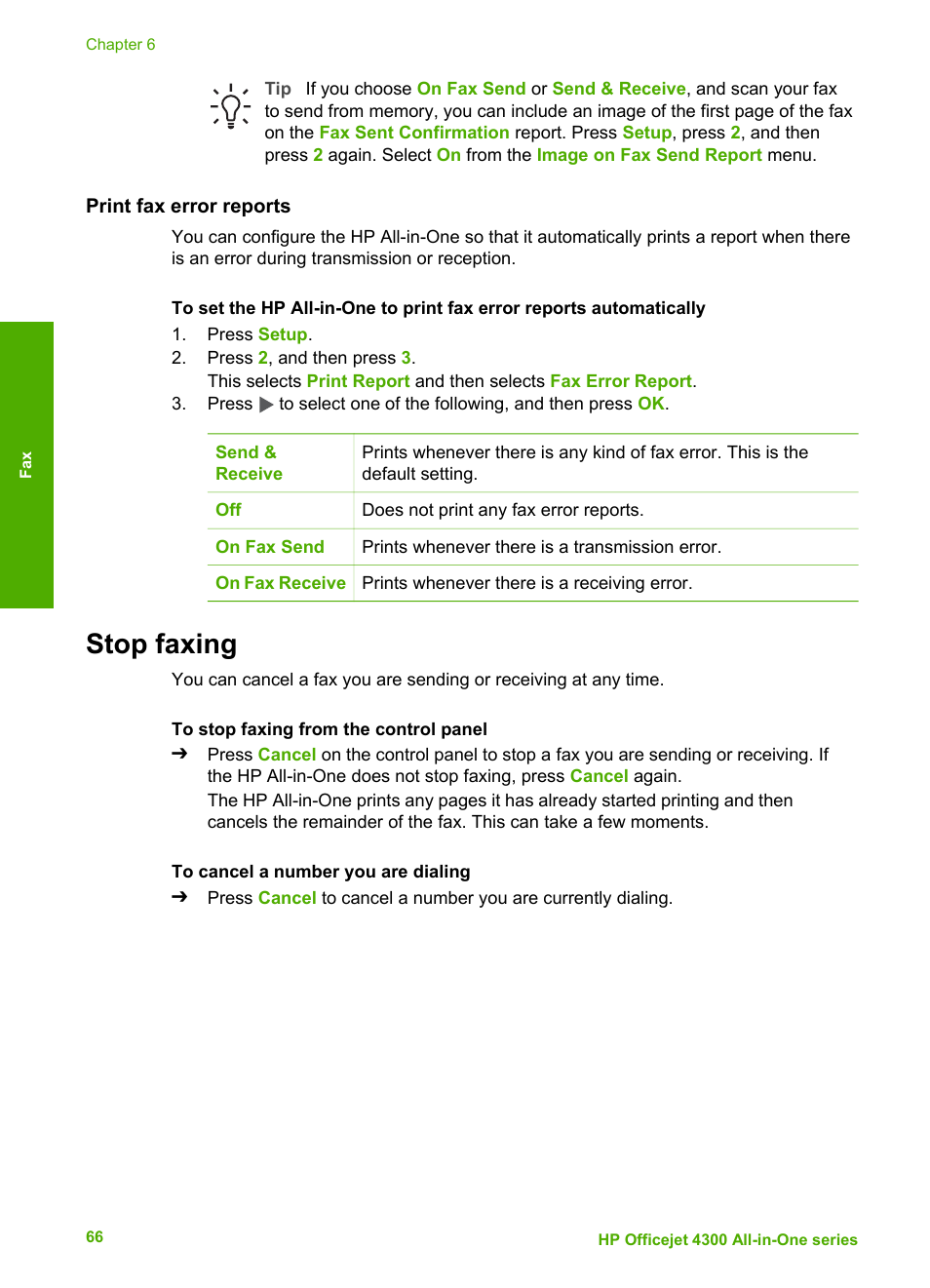 Print fax error reports, Stop faxing | HP Officejet 4314 All-in-One Printer User Manual | Page 69 / 133
