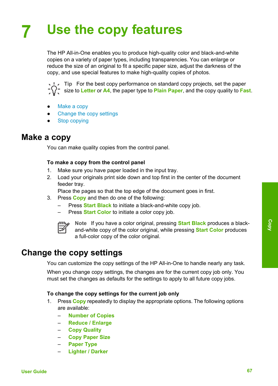 Use the copy features, Make a copy, Change the copy settings | Make a copy change the copy settings | HP Officejet 4314 All-in-One Printer User Manual | Page 70 / 133