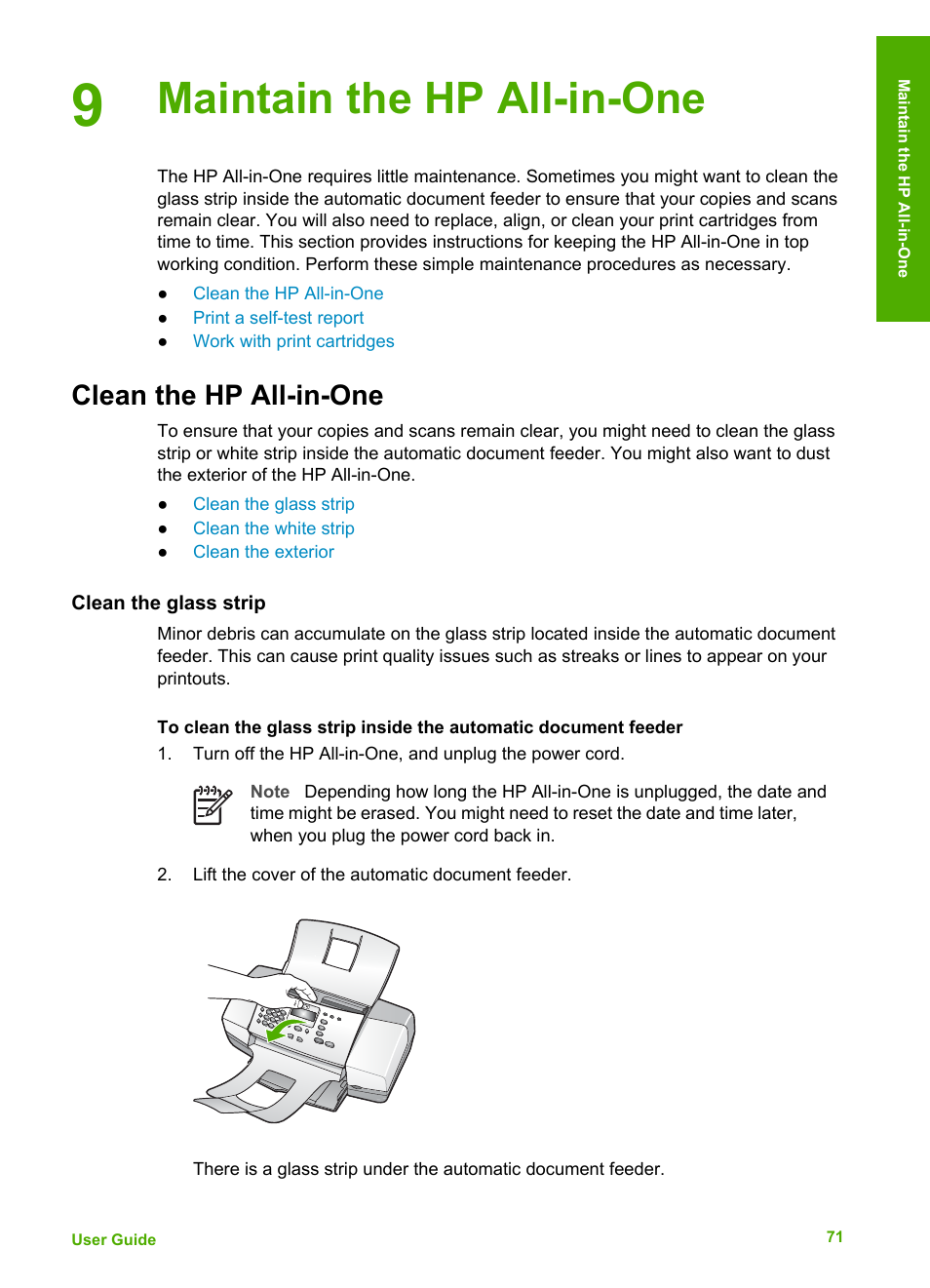 Maintain the hp all-in-one, Clean the hp all-in-one, Clean the glass strip | HP Officejet 4314 All-in-One Printer User Manual | Page 74 / 133