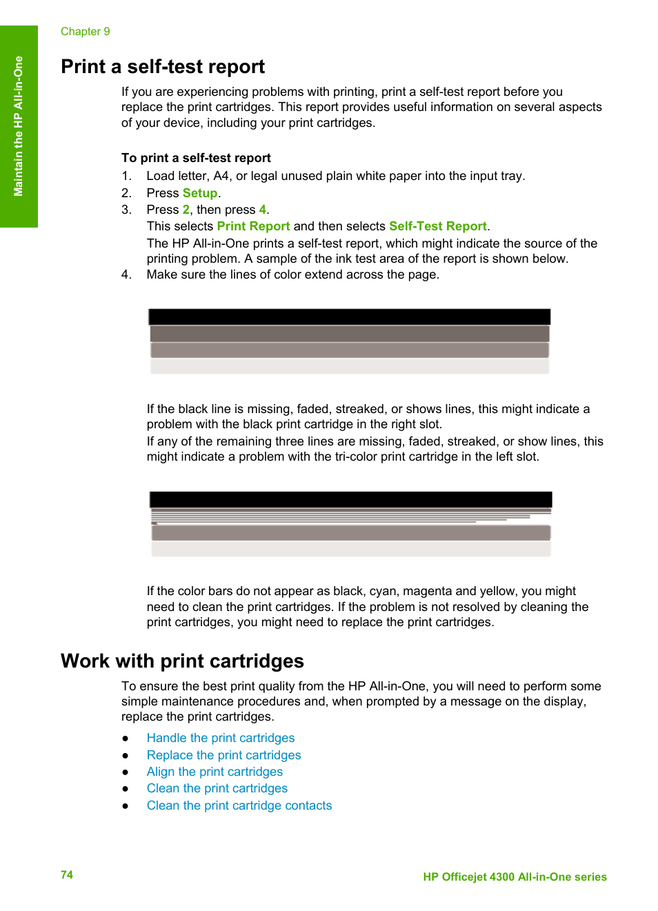 Print a self-test report, Work with print cartridges | HP Officejet 4314 All-in-One Printer User Manual | Page 77 / 133