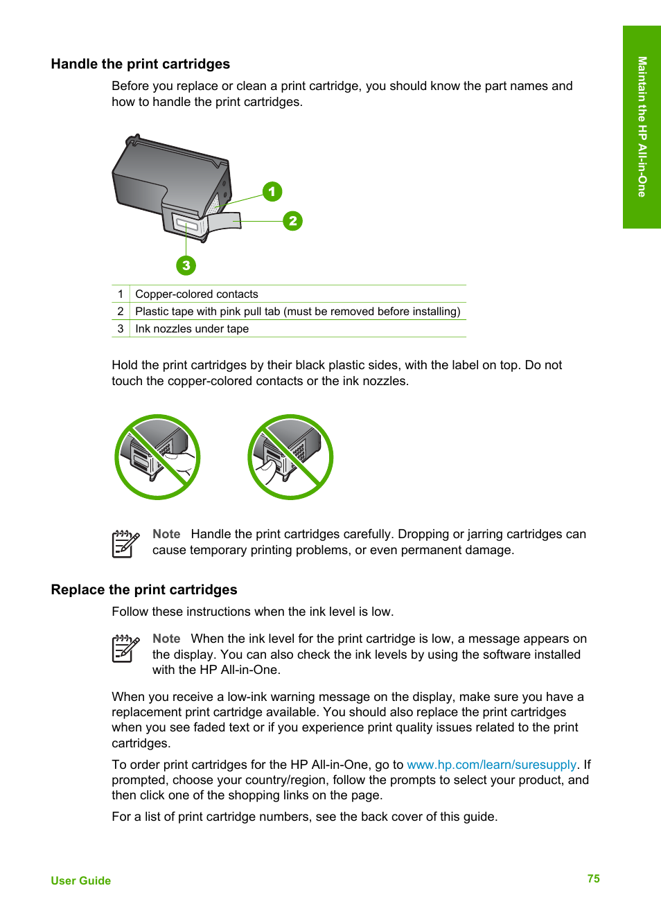 Handle the print cartridges, Replace the print cartridges | HP Officejet 4314 All-in-One Printer User Manual | Page 78 / 133