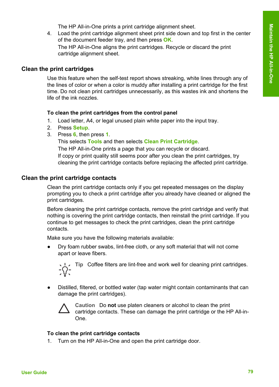 Clean the print cartridges, Clean the print cartridge contacts | HP Officejet 4314 All-in-One Printer User Manual | Page 82 / 133