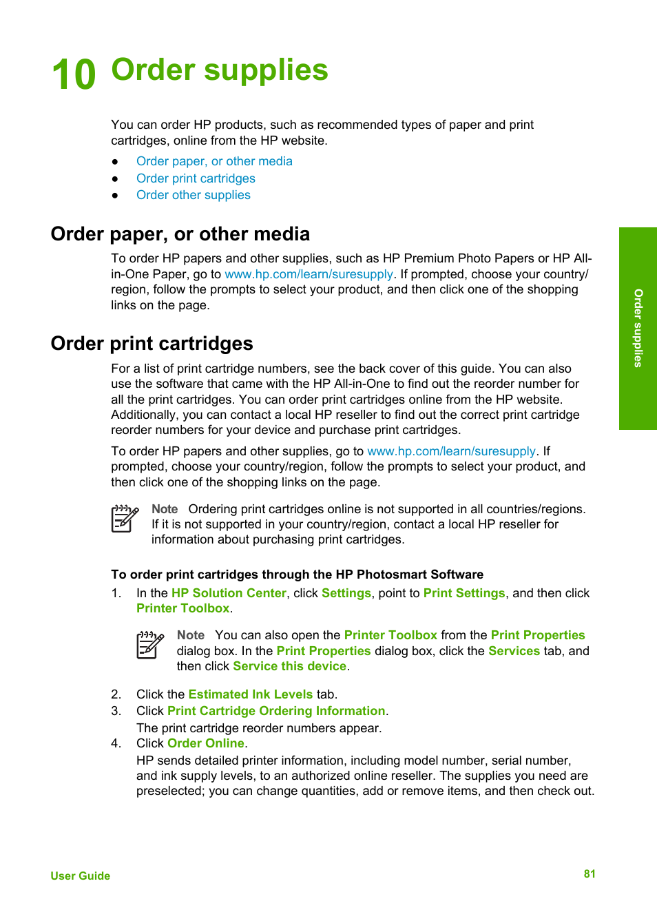 Order supplies, Order paper, or other media, Order print cartridges | 10 order supplies, Order paper, or other media order print cartridges | HP Officejet 4314 All-in-One Printer User Manual | Page 84 / 133