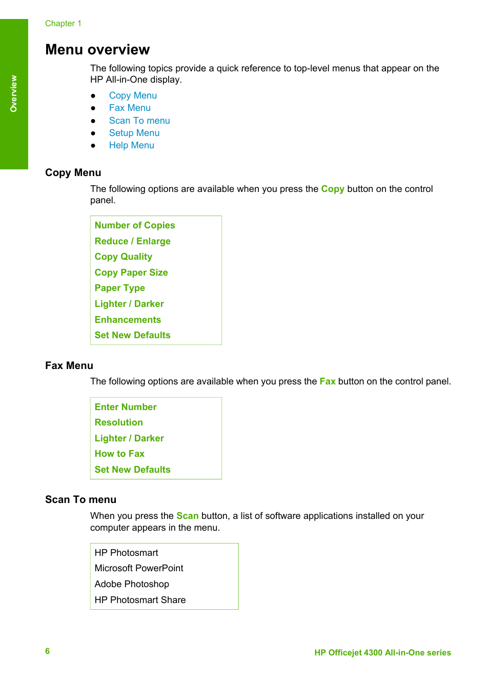 Menu overview, Copy menu, Fax menu | Scan to menu | HP Officejet 4314 All-in-One Printer User Manual | Page 9 / 133