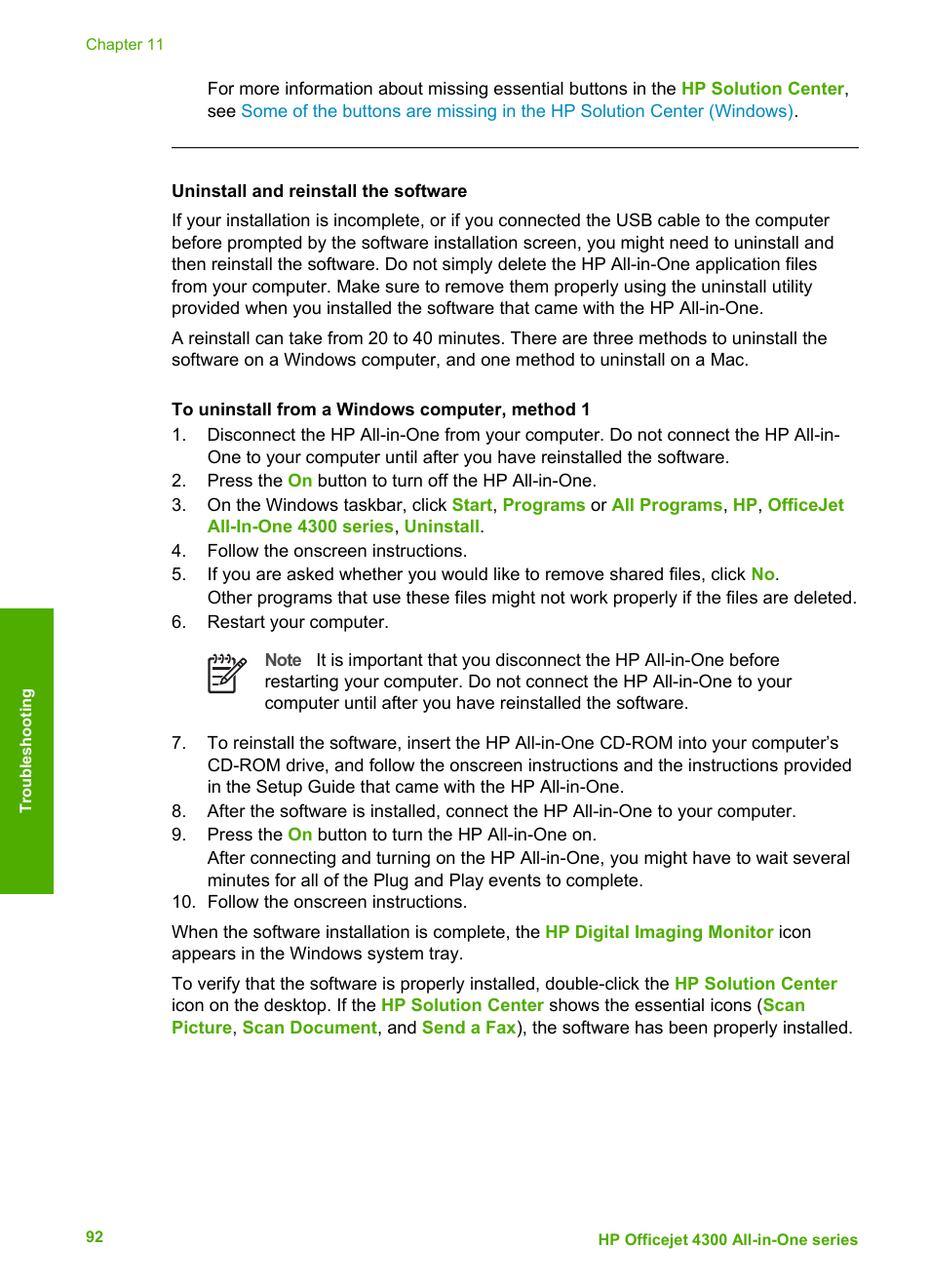 Uninstall and reinstall the software, Uninstall and, Reinstall the software | Uninstall, And reinstall the software | HP Officejet 4314 All-in-One Printer User Manual | Page 95 / 133