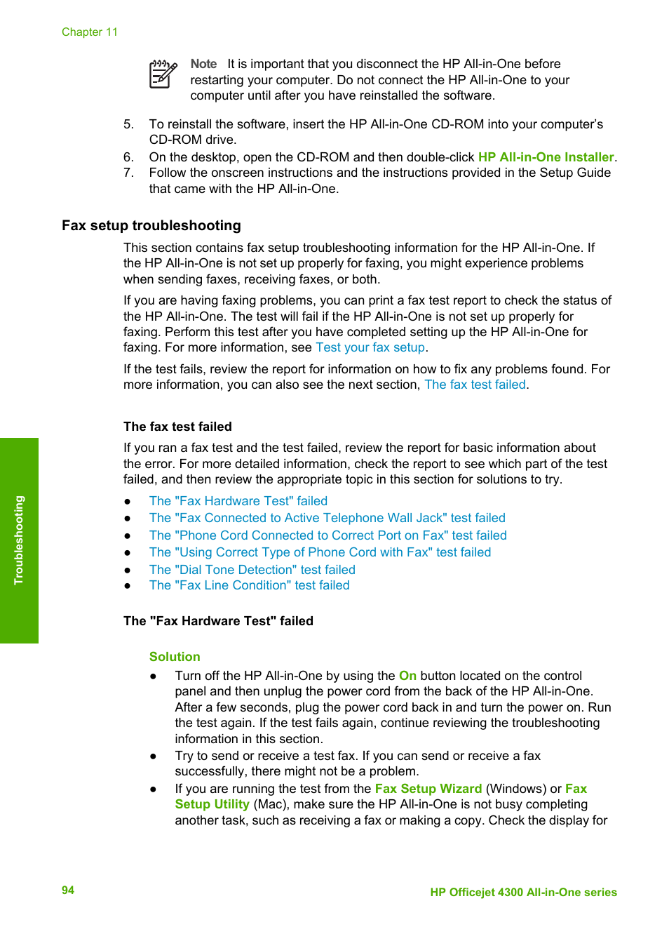 Fax setup troubleshooting, The fax test failed | HP Officejet 4314 All-in-One Printer User Manual | Page 97 / 133