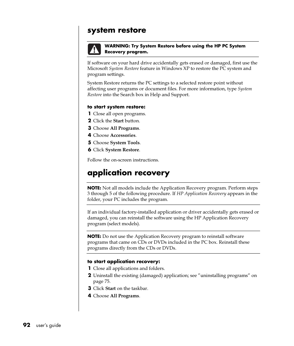 System restore, Application recovery | HP Pavilion t350.uk Desktop PC User Manual | Page 100 / 156