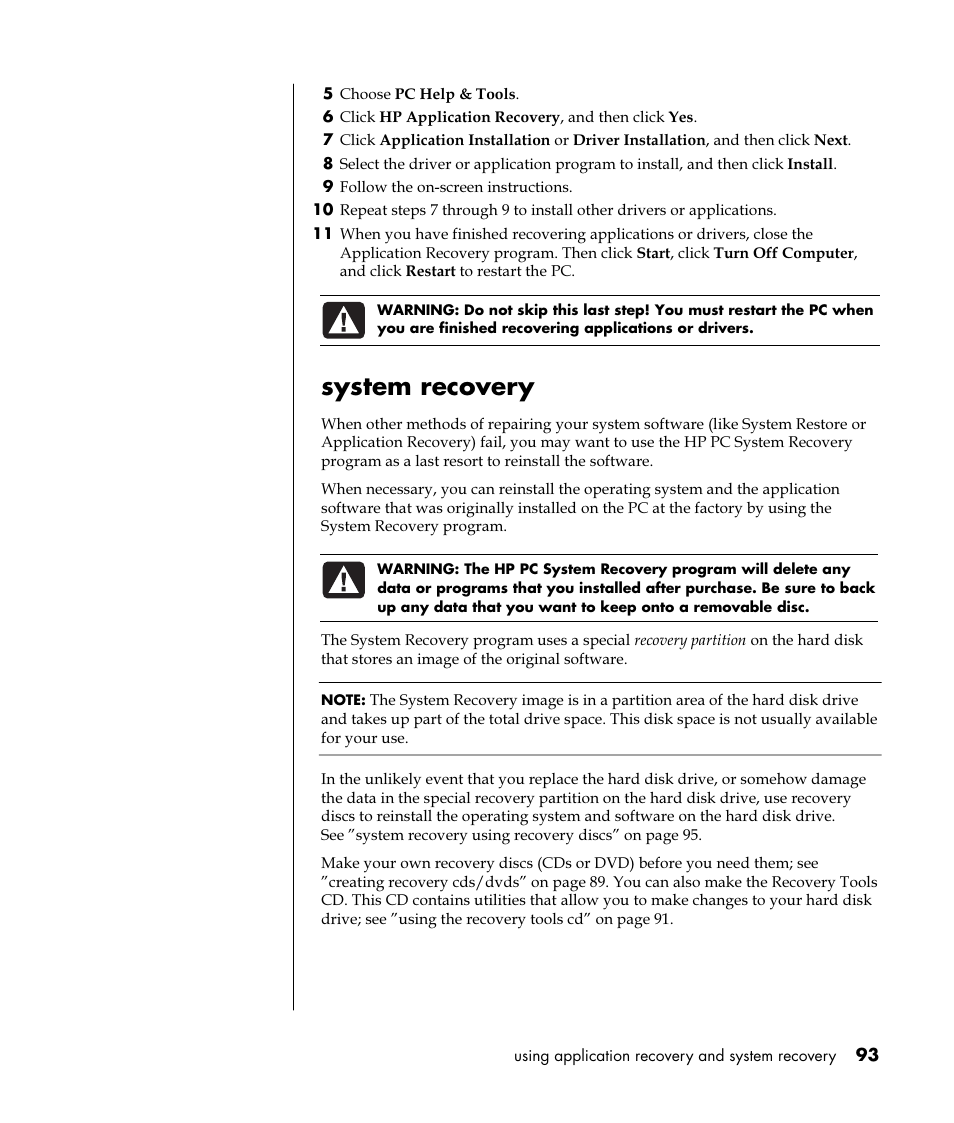 System recovery | HP Pavilion t350.uk Desktop PC User Manual | Page 101 / 156