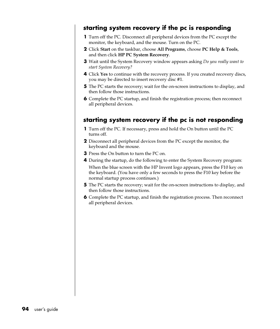 Starting system recovery if the pc is responding | HP Pavilion t350.uk Desktop PC User Manual | Page 102 / 156