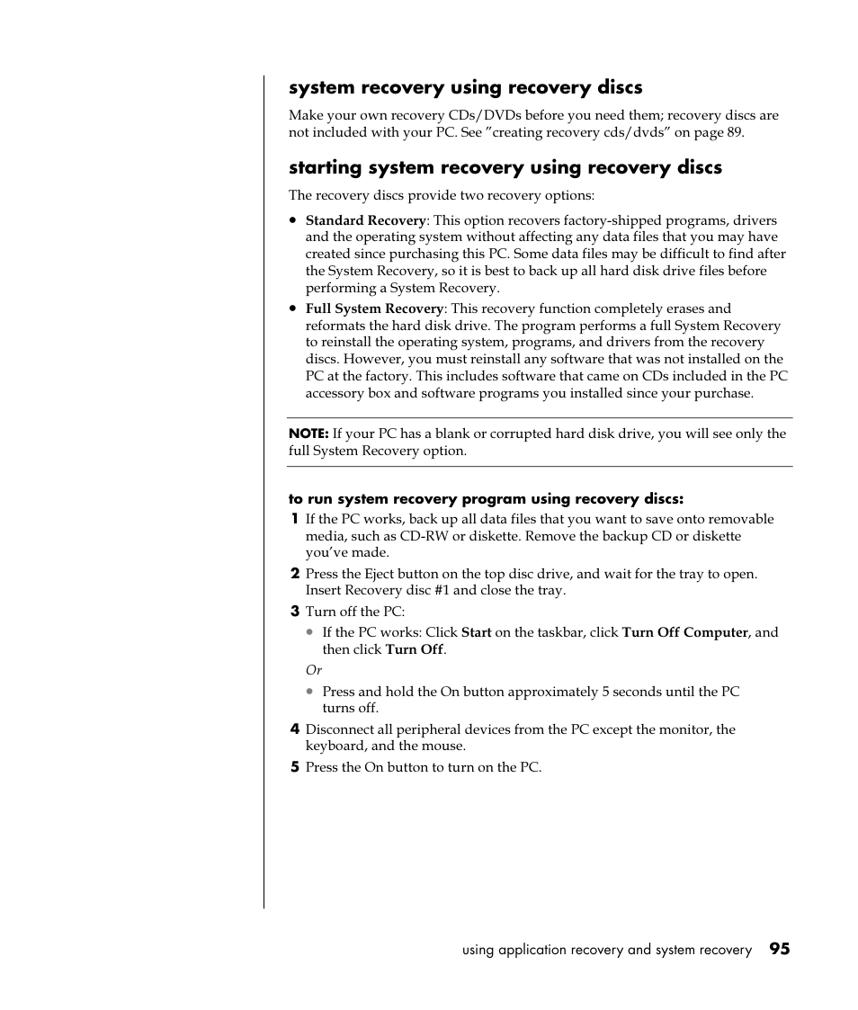 System recovery using recovery discs, Starting system recovery using recovery discs | HP Pavilion t350.uk Desktop PC User Manual | Page 103 / 156