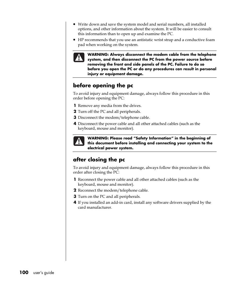 Before opening the pc, After closing the pc | HP Pavilion t350.uk Desktop PC User Manual | Page 108 / 156