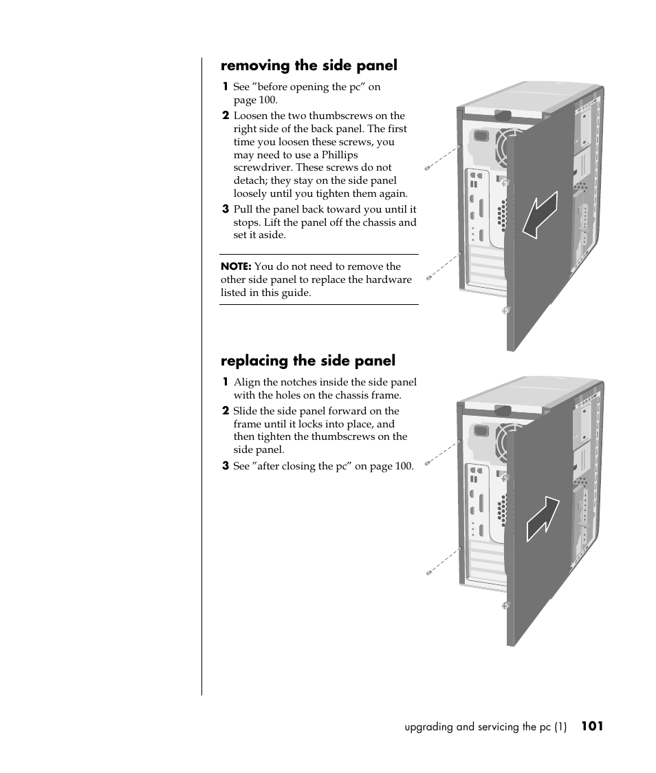 Removing the side panel, Replacing the side panel | HP Pavilion t350.uk Desktop PC User Manual | Page 109 / 156