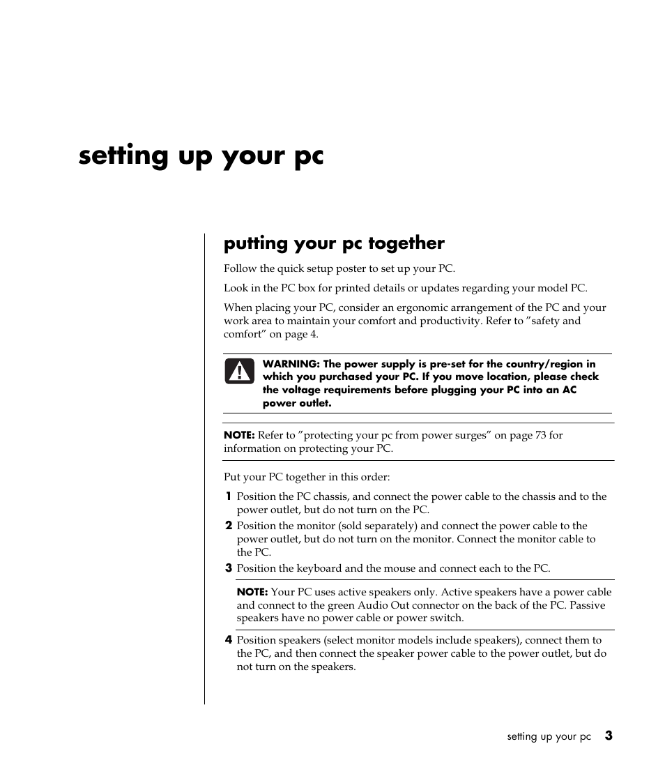 Setting up your pc, Putting your pc together | HP Pavilion t350.uk Desktop PC User Manual | Page 11 / 156