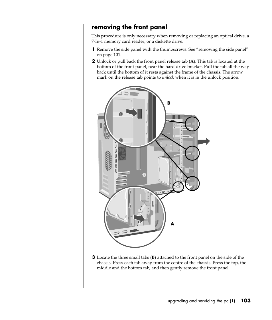 Removing the front panel | HP Pavilion t350.uk Desktop PC User Manual | Page 111 / 156