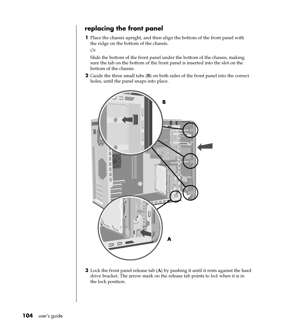 Replacing the front panel | HP Pavilion t350.uk Desktop PC User Manual | Page 112 / 156