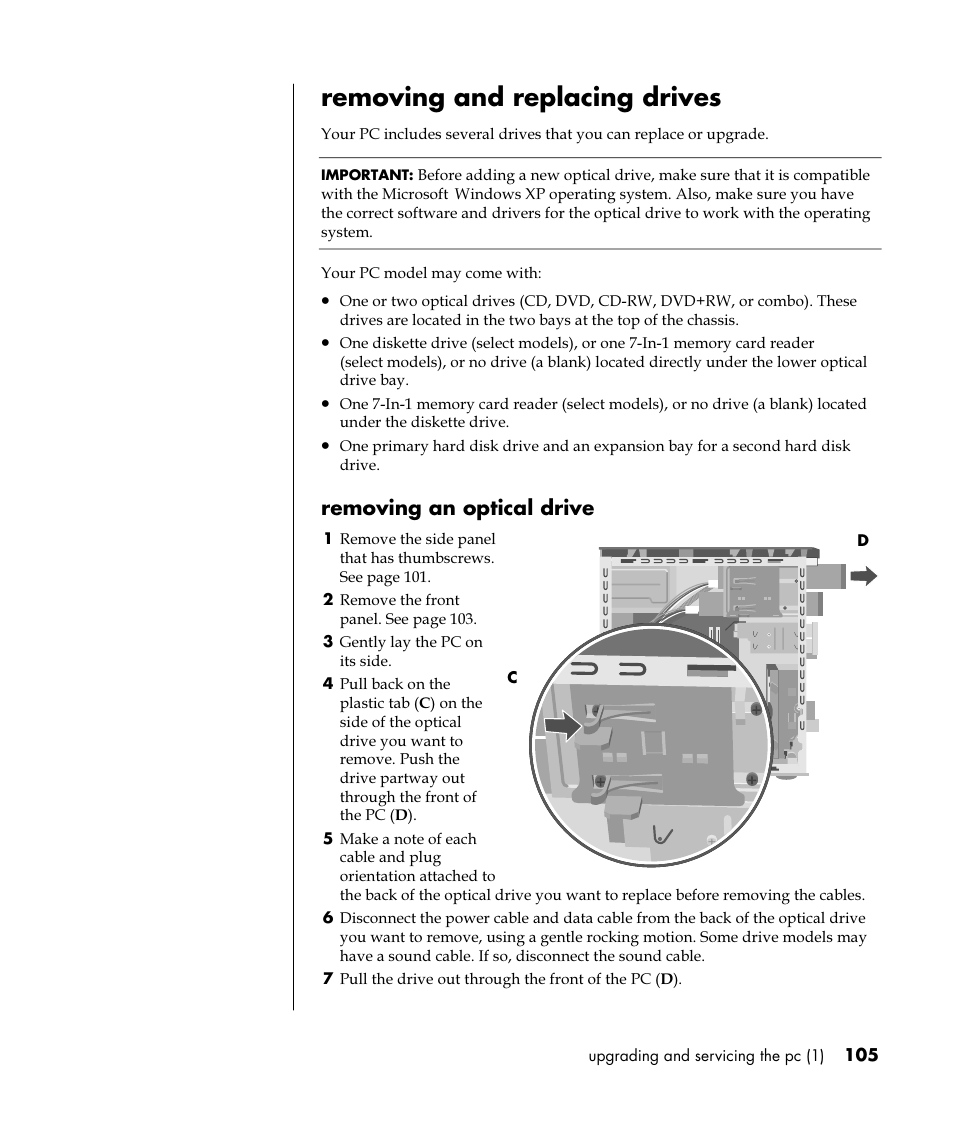 Removing and replacing drives, Removing an optical drive | HP Pavilion t350.uk Desktop PC User Manual | Page 113 / 156